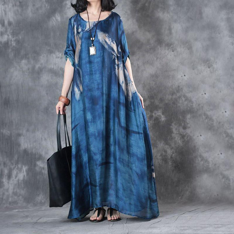 2018 blue prints natural silk dress  casual short sleeve silk gown casual big hem kaftans - Omychic