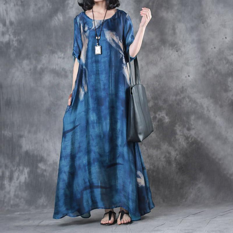 2018 blue prints natural silk dress  casual short sleeve silk gown casual big hem kaftans - Omychic