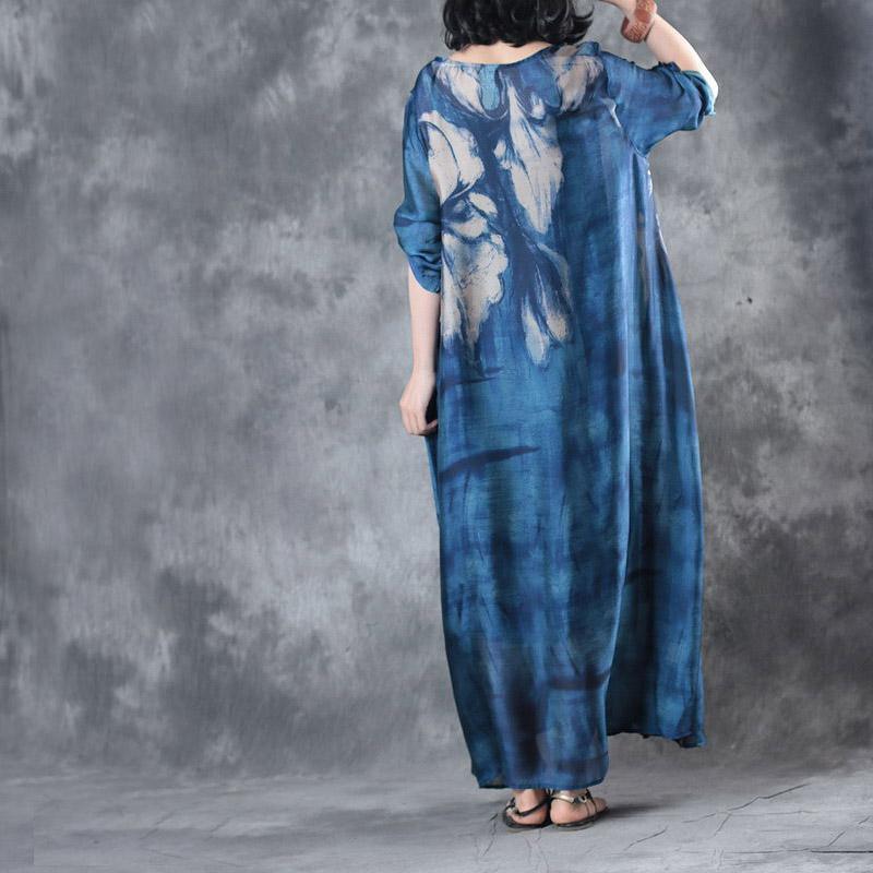 2018 blue prints natural silk dress  casual short sleeve silk gown casual big hem kaftans - Omychic