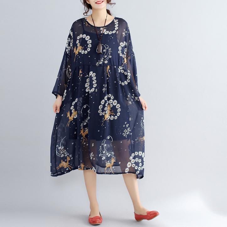 2018 blue prints pure chiffon dresses plus size clothing traveling dress vintage two pieces wild dress - Omychic