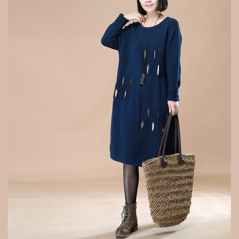 2018 blue split long cotton sweaters casual pullover casual patchwork sweaters - Omychic
