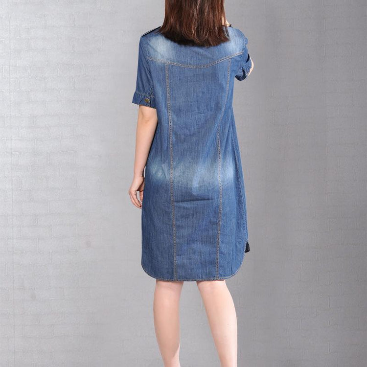 2018 denim blue cotton dresses trendy plus size casual dress Fine o neck big pockets cotton dress - Omychic