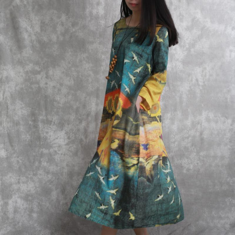 2018 floral long linen dress oversized long sleeve traveling clothing vintage brief kaftans - Omychic