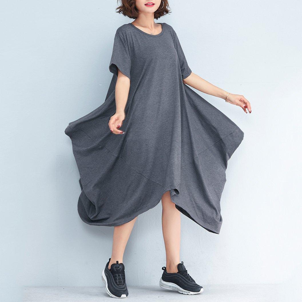 2018 gray long cotton dresses plus size clothing asymmetric hem cotton clothing dress casual short sleeve gown - Omychic