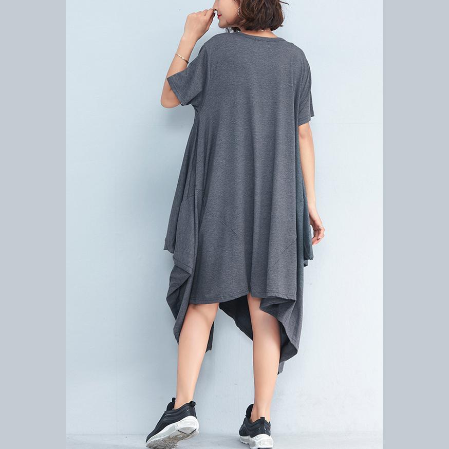 2018 gray long cotton dresses plus size clothing asymmetric hem cotton clothing dress casual short sleeve gown - Omychic