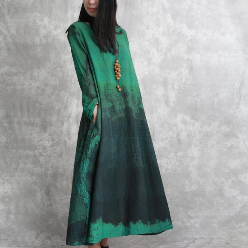 2021 Green Linen Caftans Plussize Prints Linen Maxi Dress New O Neck Kaftans - Omychic