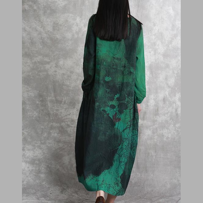 2021 Green Linen Caftans Plussize Prints Linen Maxi Dress New O Neck Kaftans - Omychic