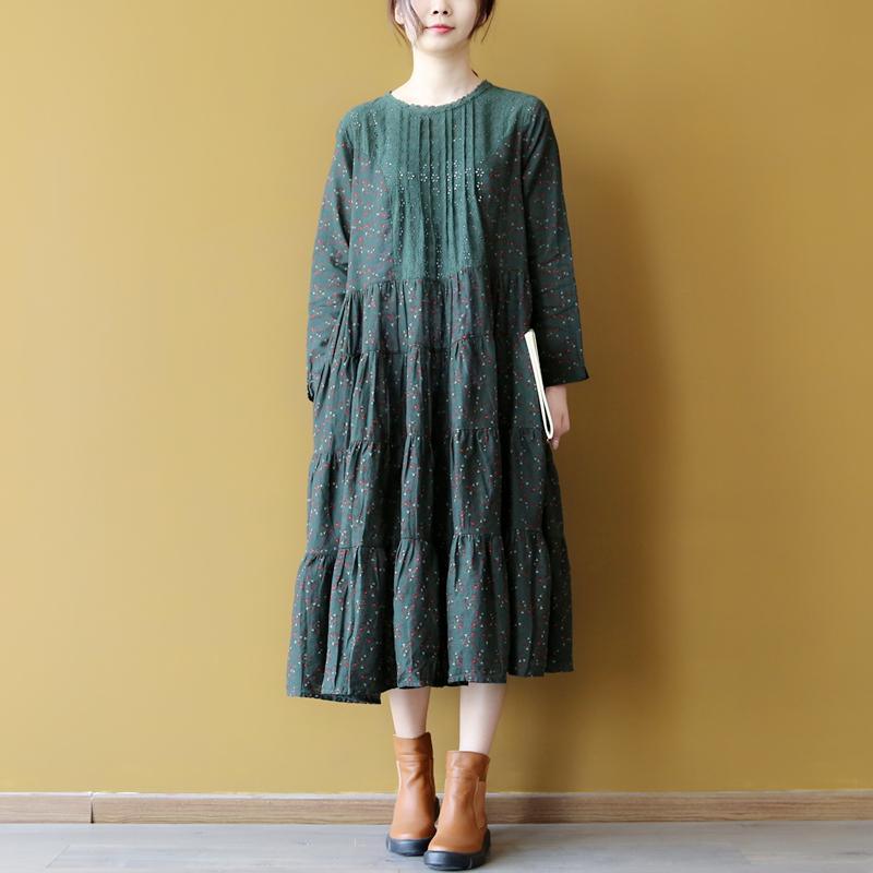 2018 green linen dress casual floral long cotton dresses boutique patchworklinen dresses - Omychic