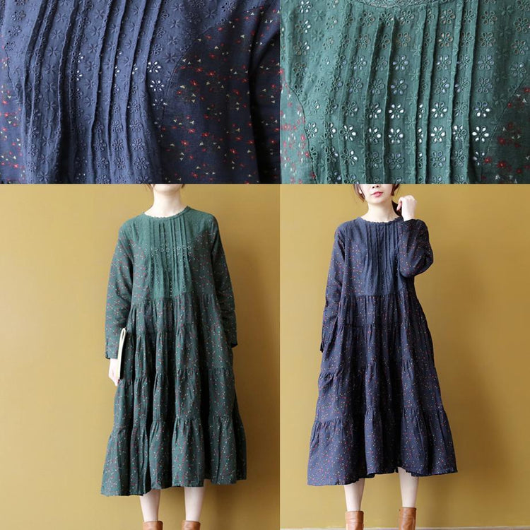 2018 green linen dress casual floral long cotton dresses boutique patchworklinen dresses - Omychic
