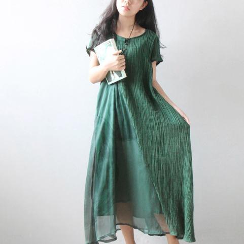 2018 green linen dresses plus size holiday dresses boutique short sleeve  patchwork silk dress - Omychic