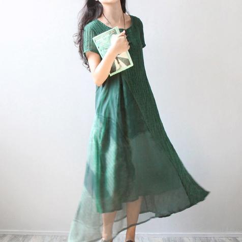 2018 green linen dresses plus size holiday dresses boutique short sleeve  patchwork silk dress - Omychic
