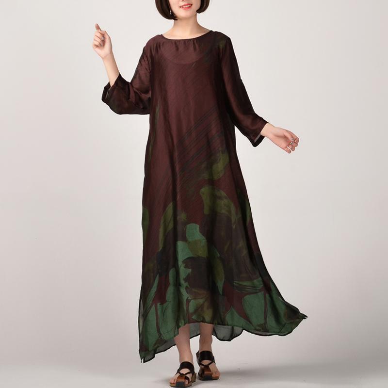 2018 green prints natural silk dress  plus size clothing side open silk clothing dresses Fine o neck gown - Omychic