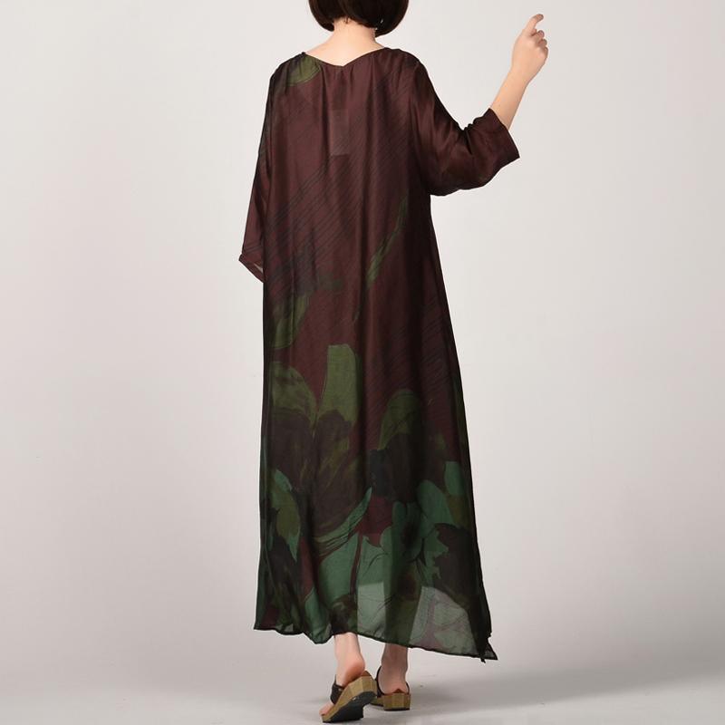 2018 green prints natural silk dress  plus size clothing side open silk clothing dresses Fine o neck gown - Omychic