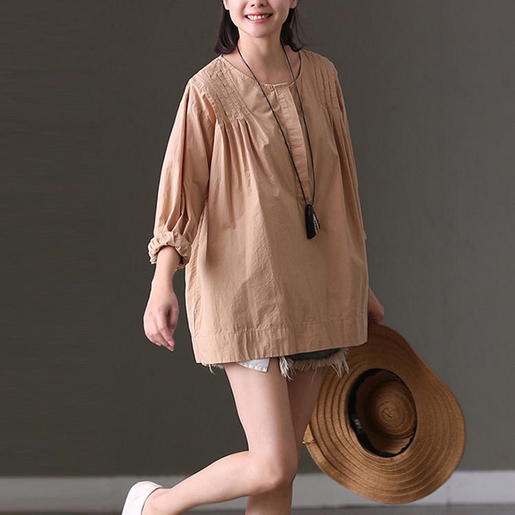2018 khaki pure cotton tops casual cardigans top quality wrinkled bracelet sleeved midi tops - Omychic