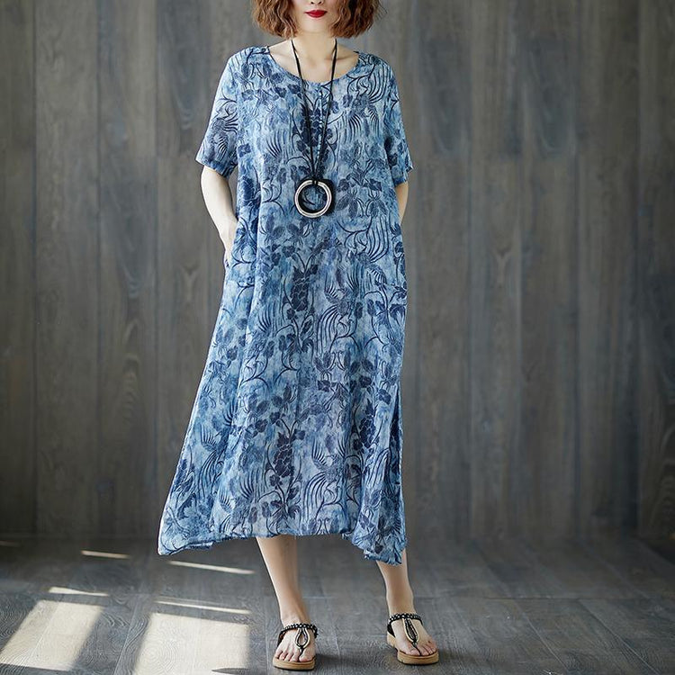 2018 linen dresses oversized Blue Short Sleeve Summer Floral Casual Long Dress - Omychic