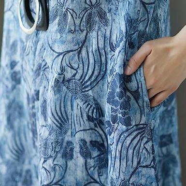 2018 linen dresses oversized Blue Short Sleeve Summer Floral Casual Long Dress - Omychic
