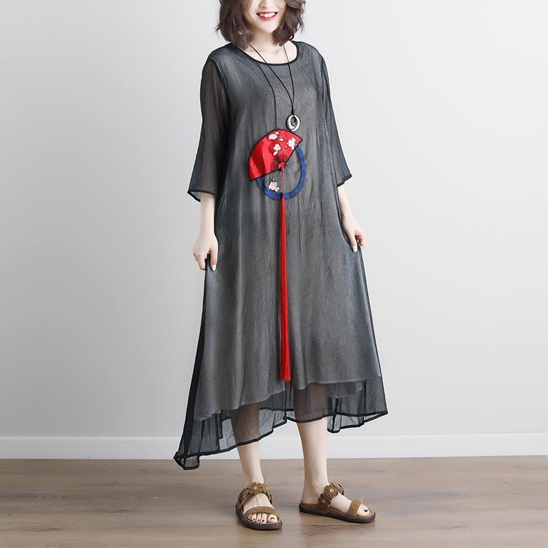 2018 long cotton dress trendy plus size Black Summer Fake Two-piece Pockets Retro Tassel Dress - Omychic