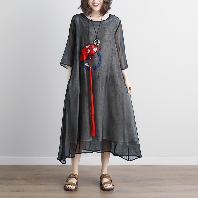 2018 long cotton dress trendy plus size Black Summer Fake Two-piece Pockets Retro Tassel Dress - Omychic