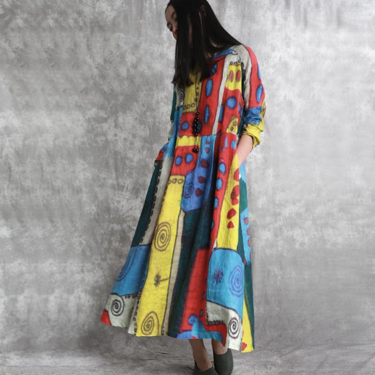2021 Multi Color Prints Linen Caftans Loose Fitting Patchwork Traveling Dress New O Neck Maxi Dresses - Omychic