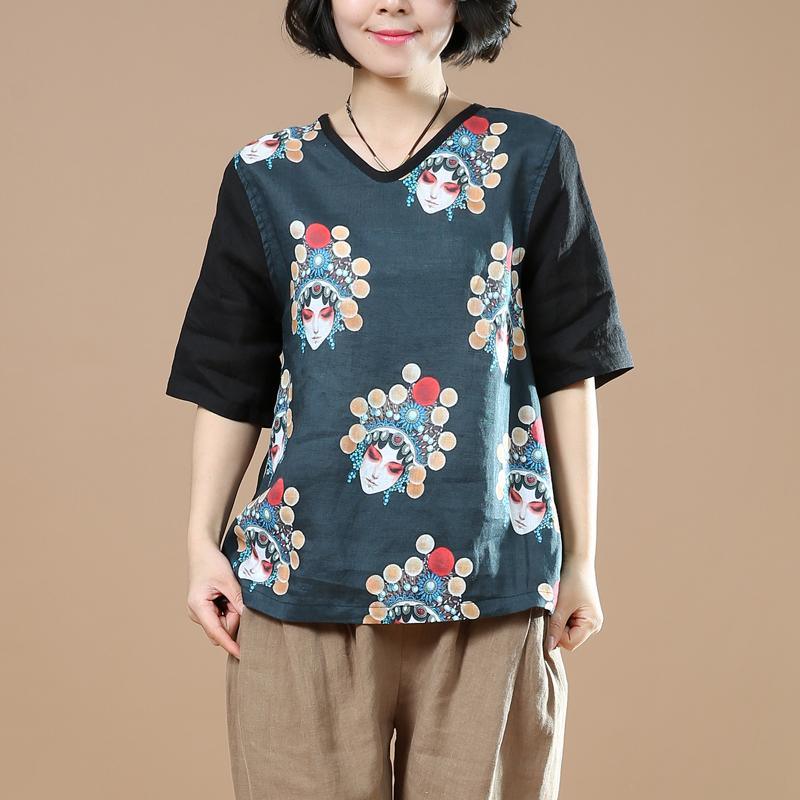 2018 new blue patchwork linen t shirts loose Beijing Opera Facial Mask print half sleeve tops blouse - Omychic
