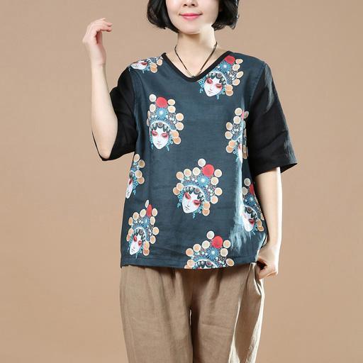 2018 new blue patchwork linen t shirts loose Beijing Opera Facial Mask print half sleeve tops blouse - Omychic