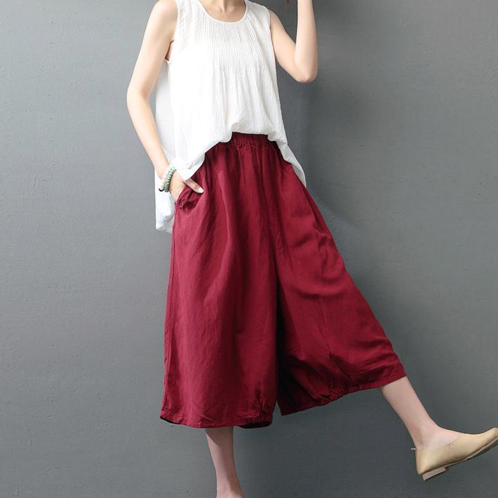 2021 new burgundy casual linen pant plus size elastic waist wide leg pants - Omychic