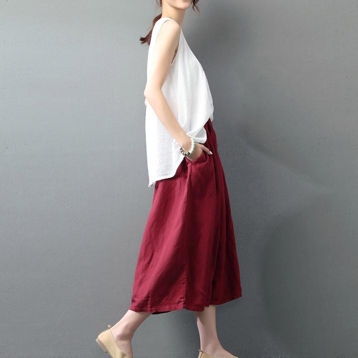 2021 new burgundy casual linen pant plus size elastic waist wide leg pants - Omychic