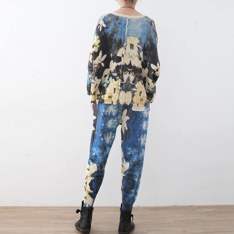 2018 new spring two pieces blue prints knit sweater and casual patchwork floral pants - Omychic