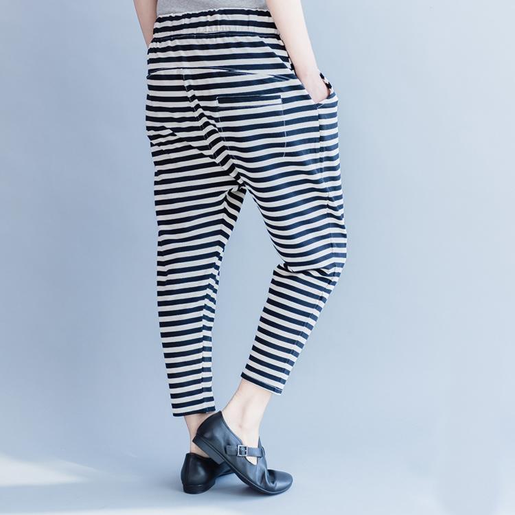 2018 new striped women casual cotton crop pants plus size cotton elastic waist drawstring harem pants - Omychic