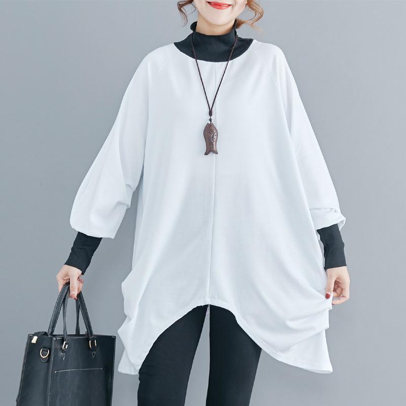 2018 new white fashion cotton tops plus size patchwork blouse high neck asymmetric t shirt - Omychic