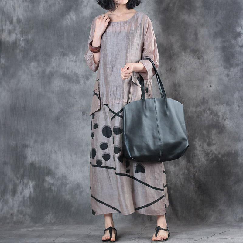 2018 nude linen caftans Loose fitting big pockets traveling dress New silk patchwork maxi dresses - Omychic