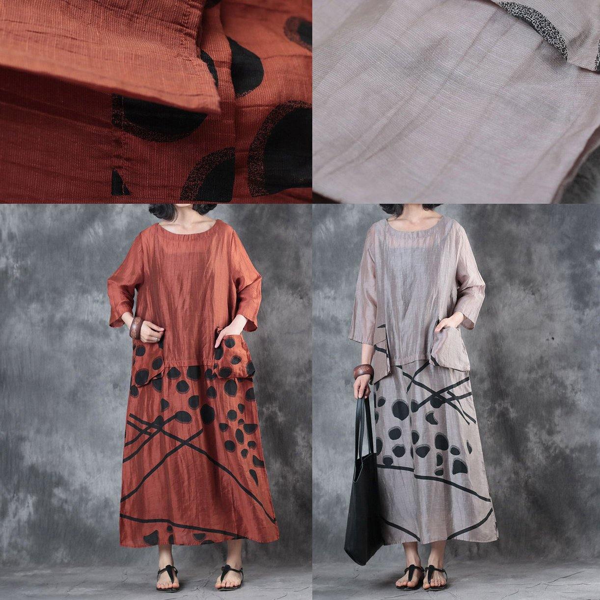 2018 nude linen caftans Loose fitting big pockets traveling dress New silk patchwork maxi dresses - Omychic
