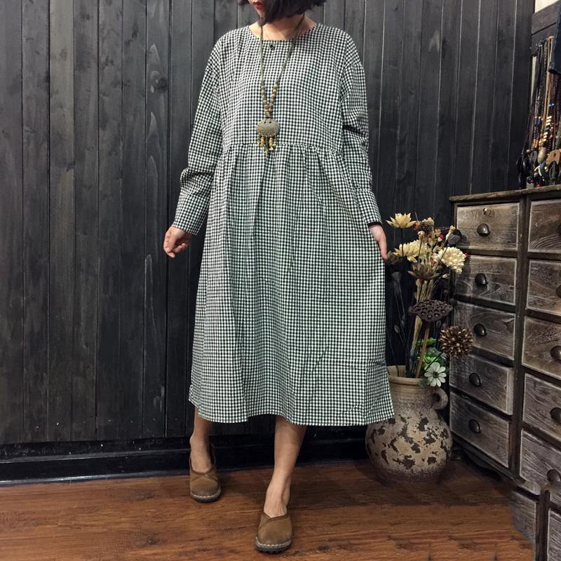 2018 plaid linen dress plus size clothing traveling dress boutique o neck elastic waist cotton dresses - Omychic