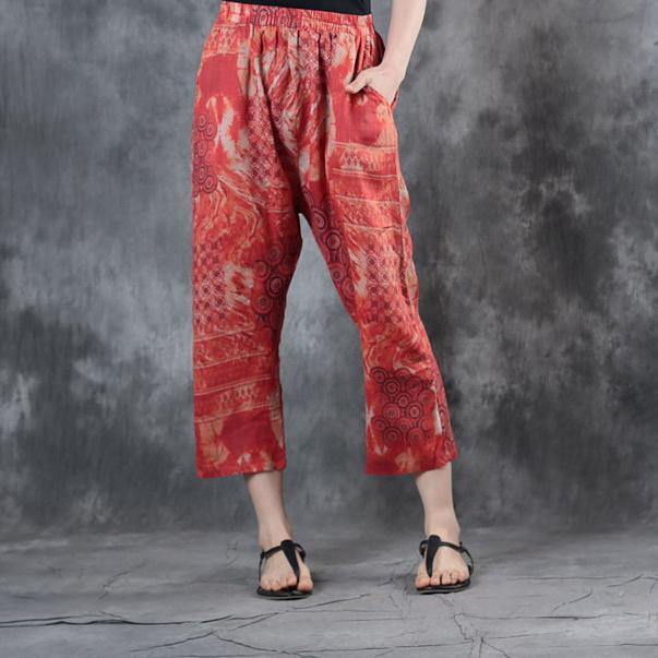 2018 red print linen crop pants casual elastic waist pants - Omychic