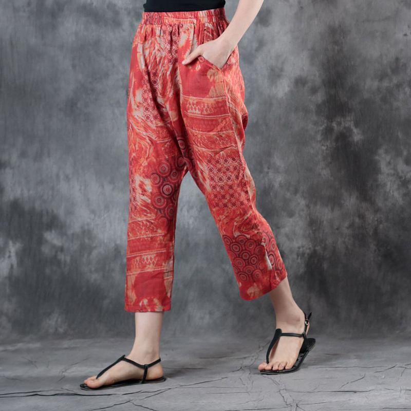 2018 red print linen crop pants casual elastic waist pants - Omychic