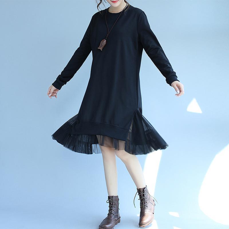 2018 spring black cotton dresses lace patchwork loose dress - Omychic