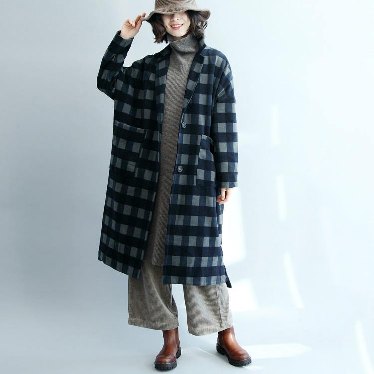 2018 spring blue grid Wool Coat oversized long jackets Fashion long coats - Omychic
