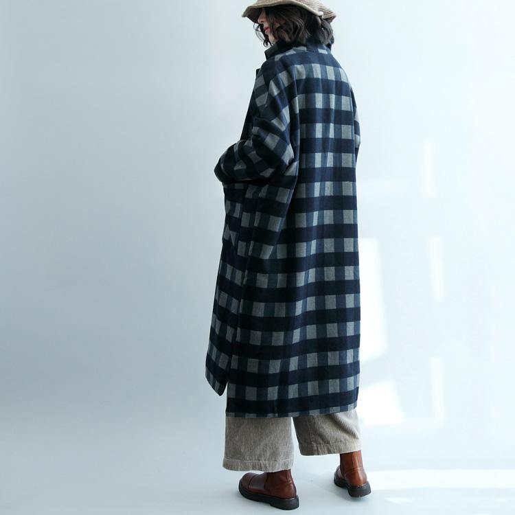 2018 spring blue grid Wool Coat oversized long jackets Fashion long coats - Omychic