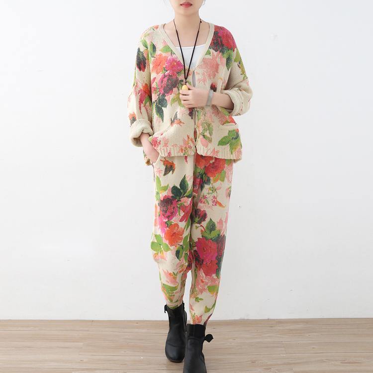 2018 spring new roses prints cute sweater and knit harem pants casual two pieces - Omychic