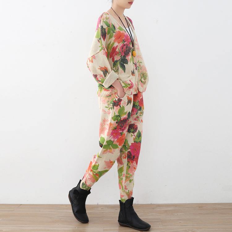 2018 spring new roses prints cute sweater and knit harem pants casual two pieces - Omychic