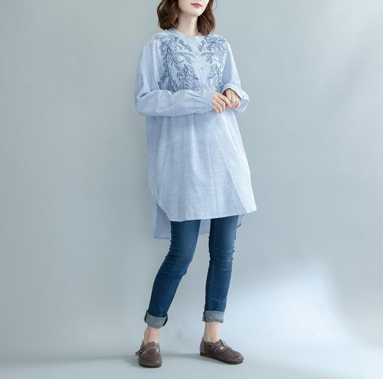 2018 spring striped embroidery linen shitr plu size side open blouse fahion casual tops - Omychic