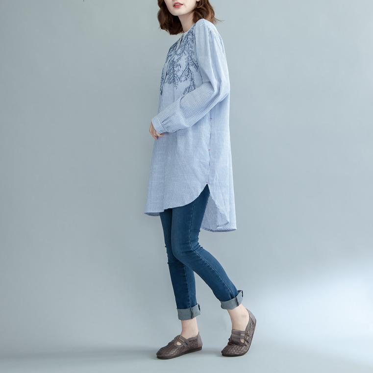 2018 spring striped embroidery linen shitr plu size side open blouse fahion casual tops - Omychic