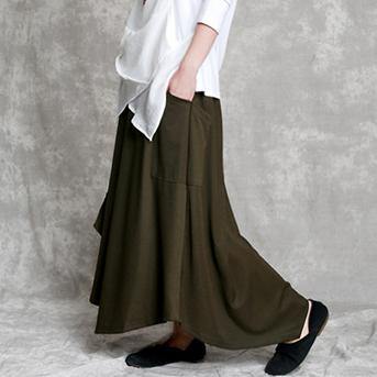 2018 summer army green cotton casual skirt asymmetric hem elastic waist maxi skirts - Omychic