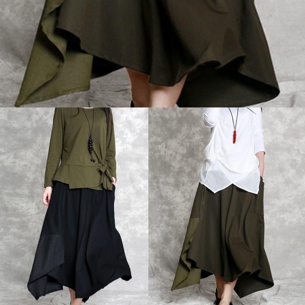 2018 summer army green cotton casual skirt asymmetric hem elastic waist maxi skirts - Omychic