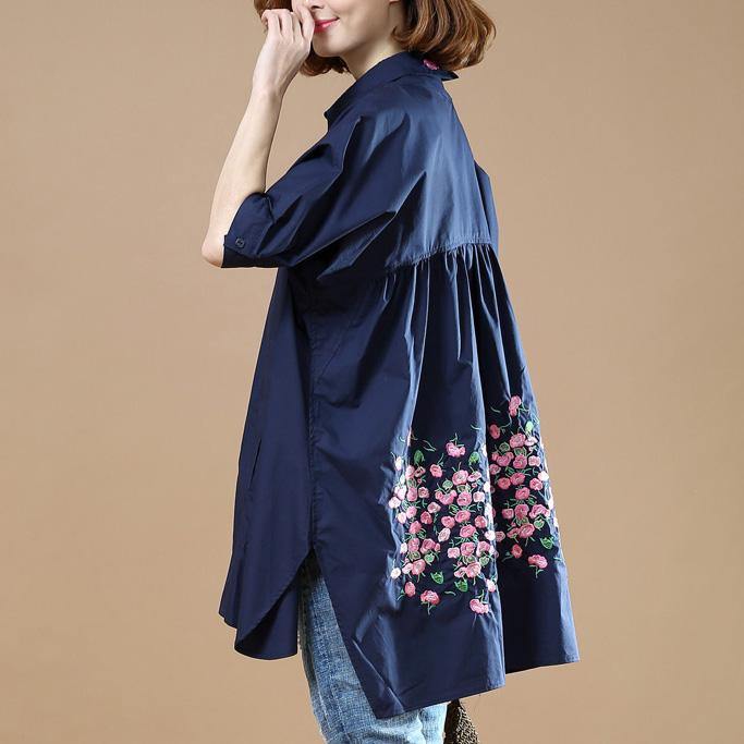 2018 summer new blue asymmetric cotton tops plus size women casual blouse half sleeve side open shirt - Omychic