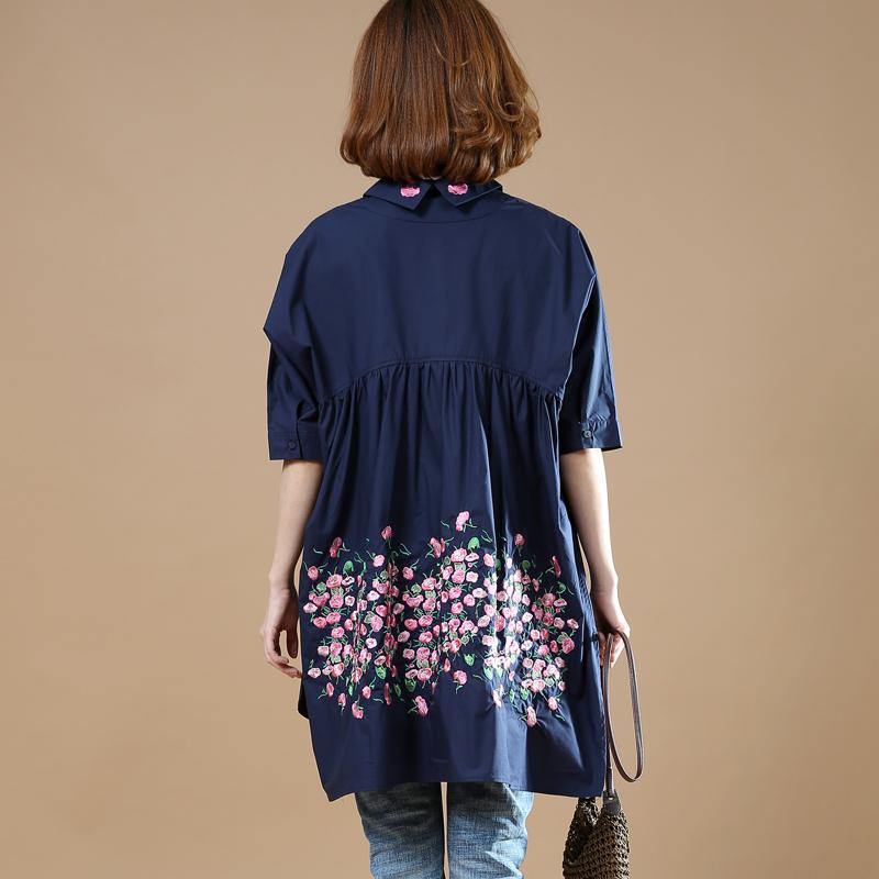 2018 summer new blue asymmetric cotton tops plus size women casual blouse half sleeve side open shirt - Omychic