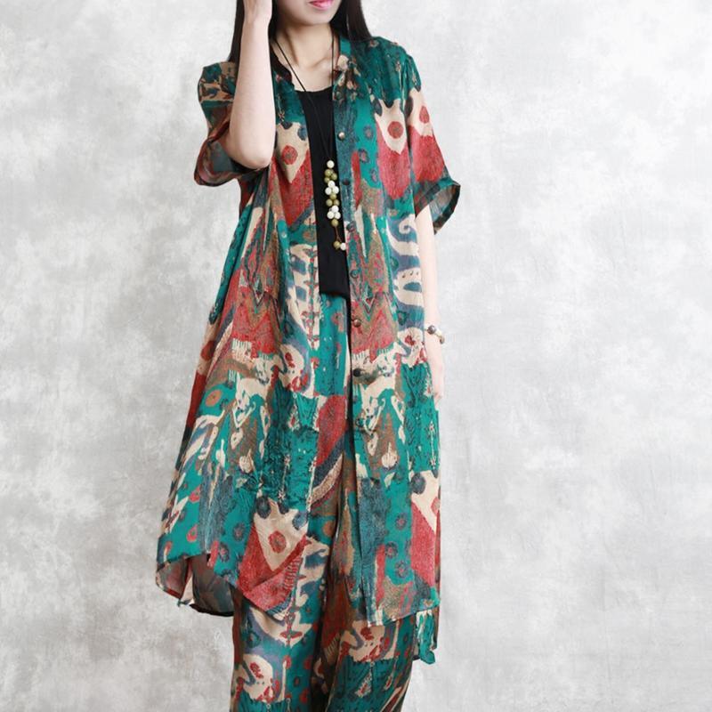 2021 Summer New Green Prints Chiffon Women Long Shirt And Casual Wide Leg Pants Two Pieces - Omychic