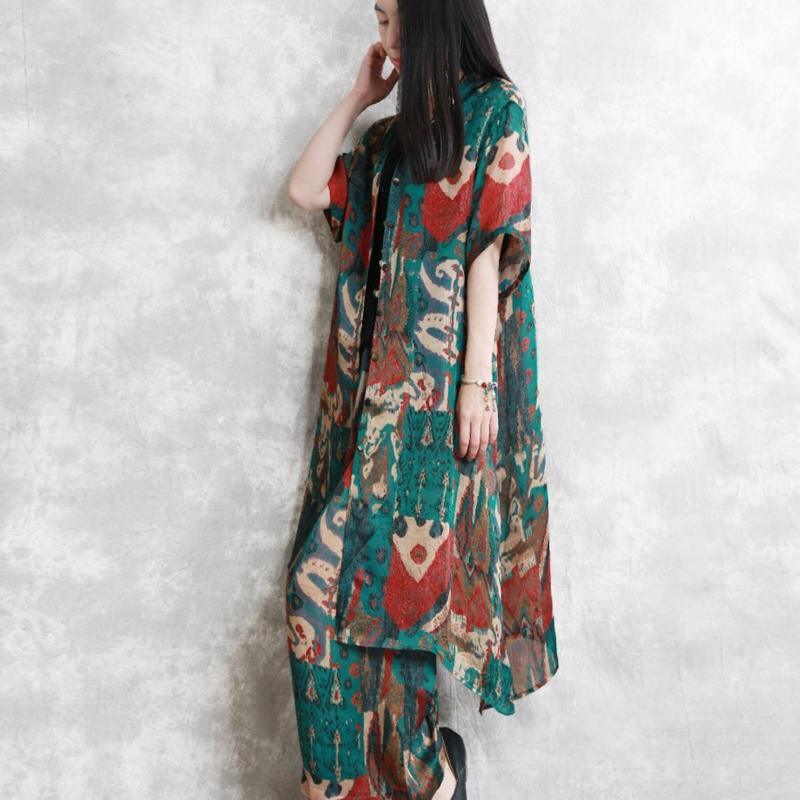 2021 Summer New Green Prints Chiffon Women Long Shirt And Casual Wide Leg Pants Two Pieces - Omychic