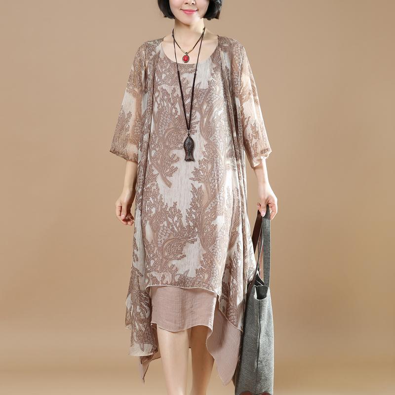 2018 summer new khaki print maxi dresses and half sleeve cardigans traveling two pieces - Omychic