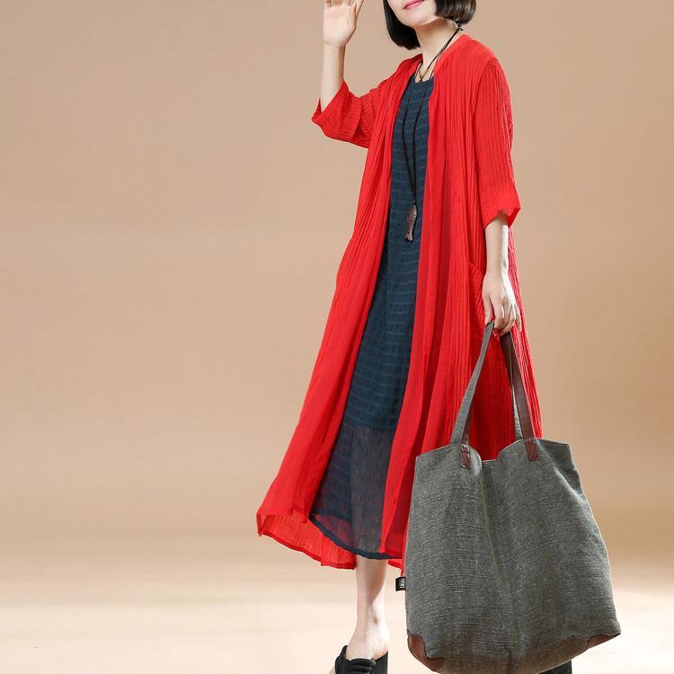 2018 summer new red casual cardigans plus size thin coats half sleeve maxi coat - Omychic